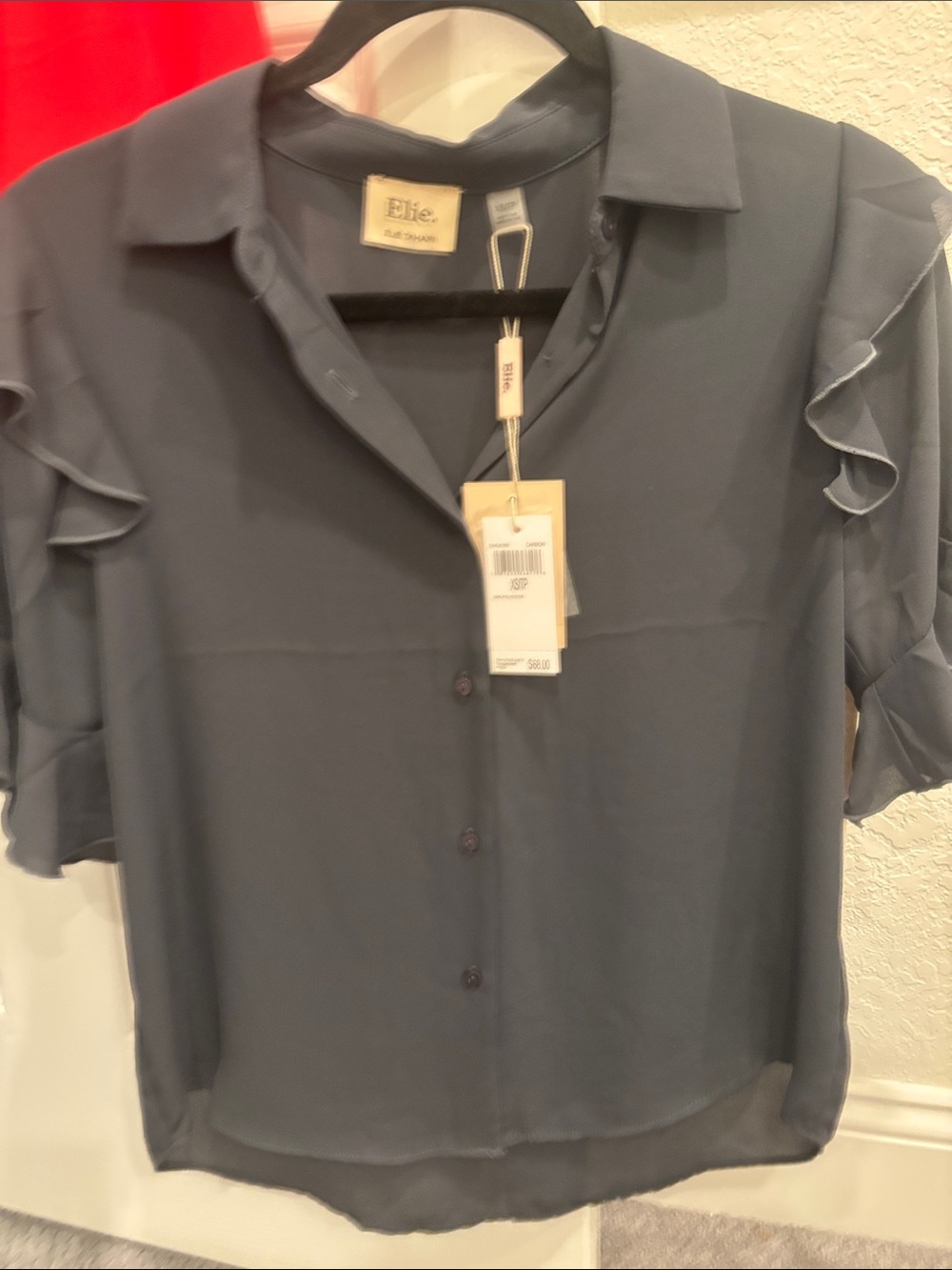 Elie Tahari Charcoal Ruffle Short-Sleeve Button-Down Blouse